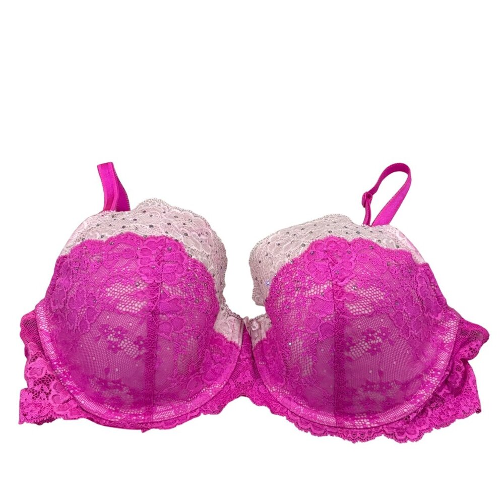 Victorias Secret Dream Angels Demi Bra 38D Pink & White Lace Rhinestones